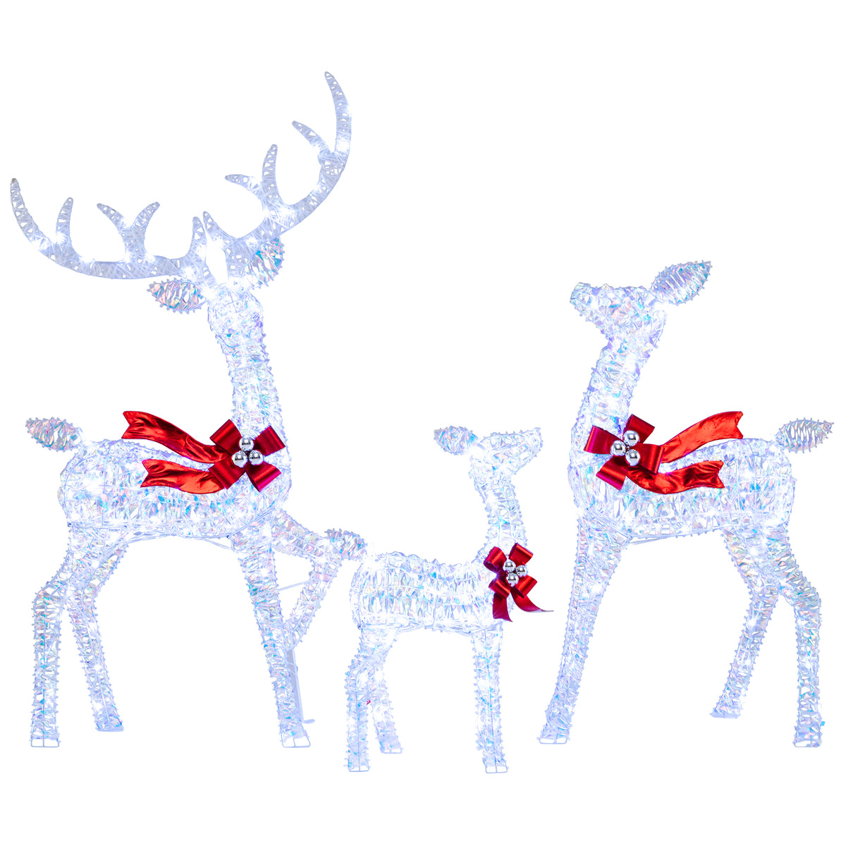 3-Piece Lighted Iridescent Reindeer Family Set with 215 White LEDs & Ground Stakes - Christmas Decor