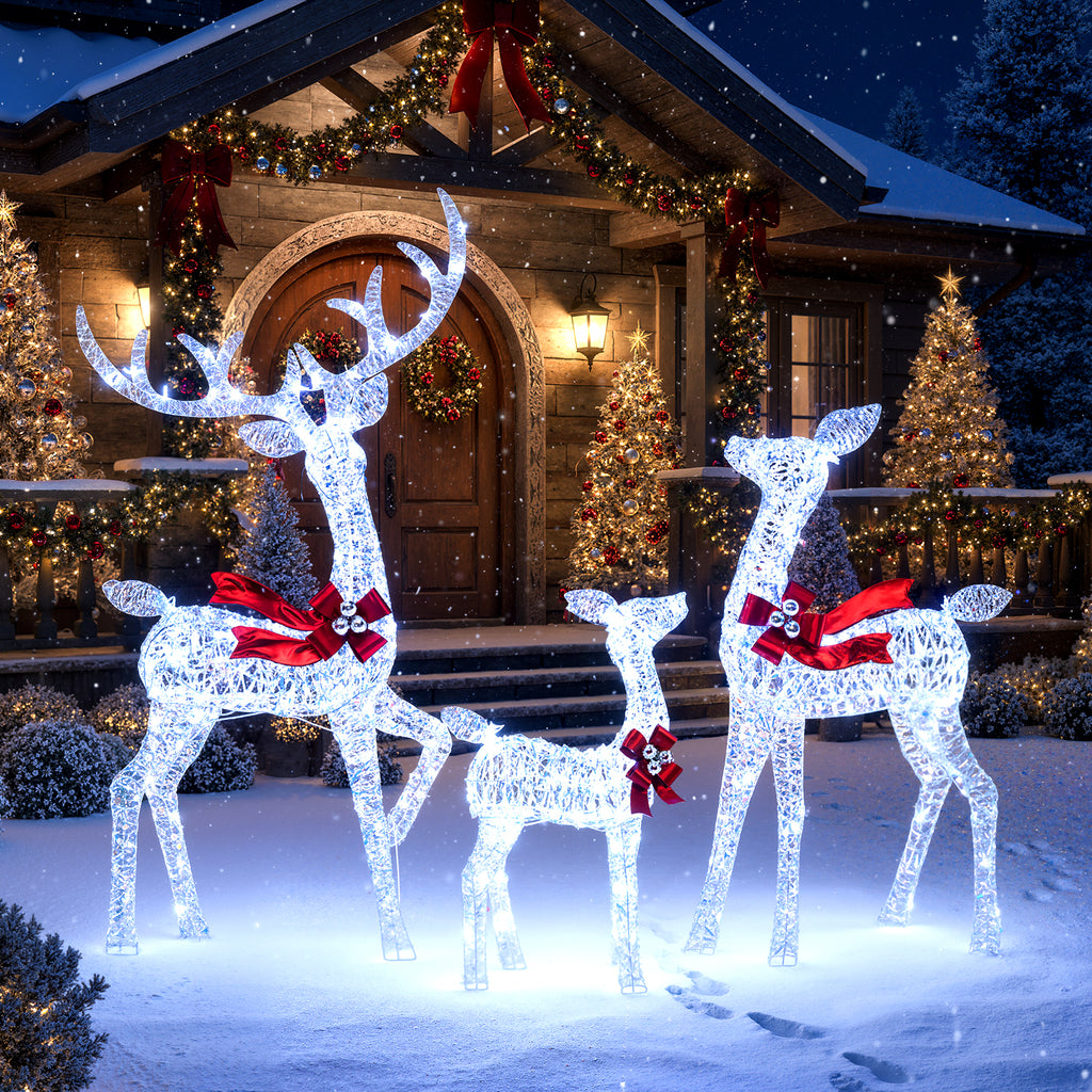 3-Piece Lighted Iridescent Reindeer Family Set with 215 White LEDs & Ground Stakes - Christmas Decor