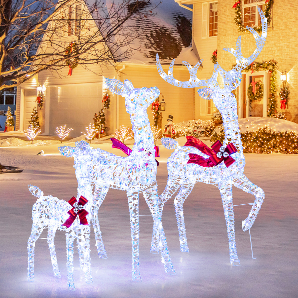 3-Piece Lighted Iridescent Reindeer Family Set with 215 White LEDs & Ground Stakes - Christmas Decor