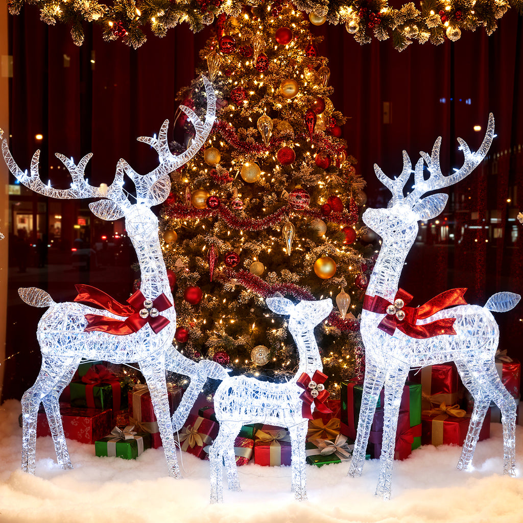 3-Piece Lighted Iridescent Reindeer Family Set with 215 White LEDs & Ground Stakes - Christmas Decor