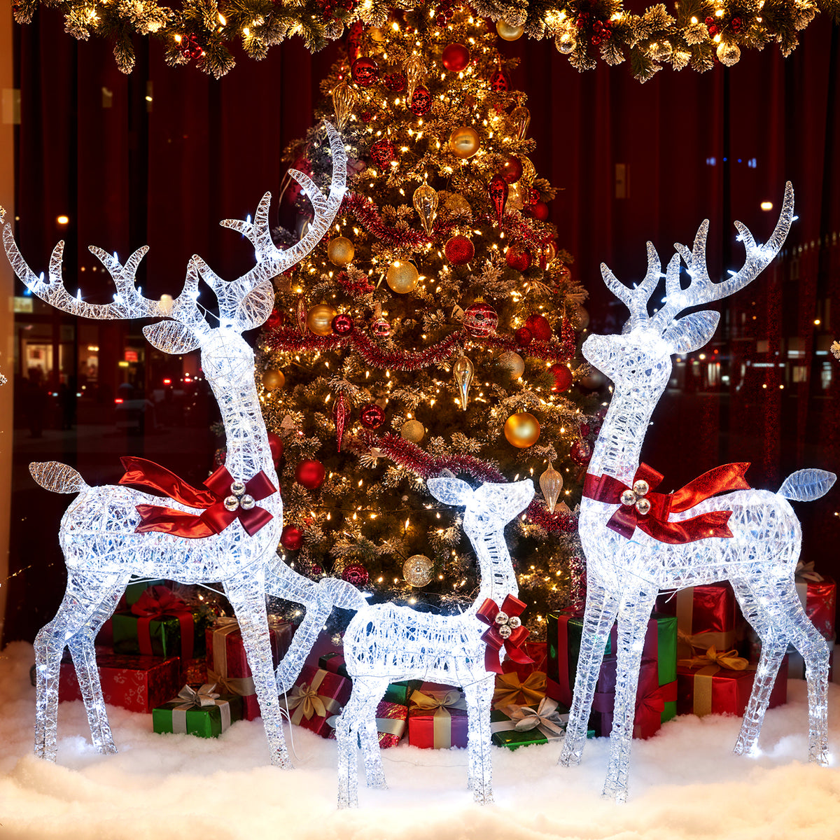 3-Piece Lighted Iridescent Reindeer Family Set with 215 White LEDs & Ground Stakes - Christmas Decor