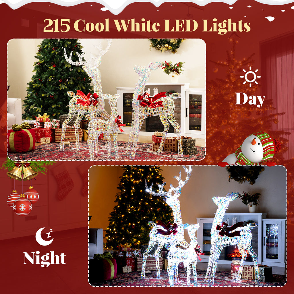 3-Piece Lighted Iridescent Reindeer Family Set with 215 White LEDs & Ground Stakes - Christmas Decor