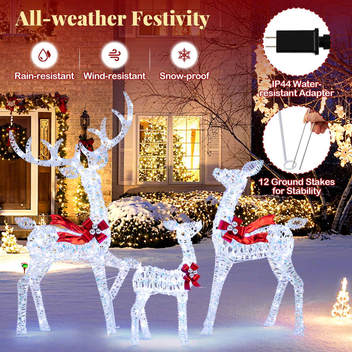 3-Piece Lighted Iridescent Reindeer Family Set with 215 White LEDs & Ground Stakes - Christmas Decor