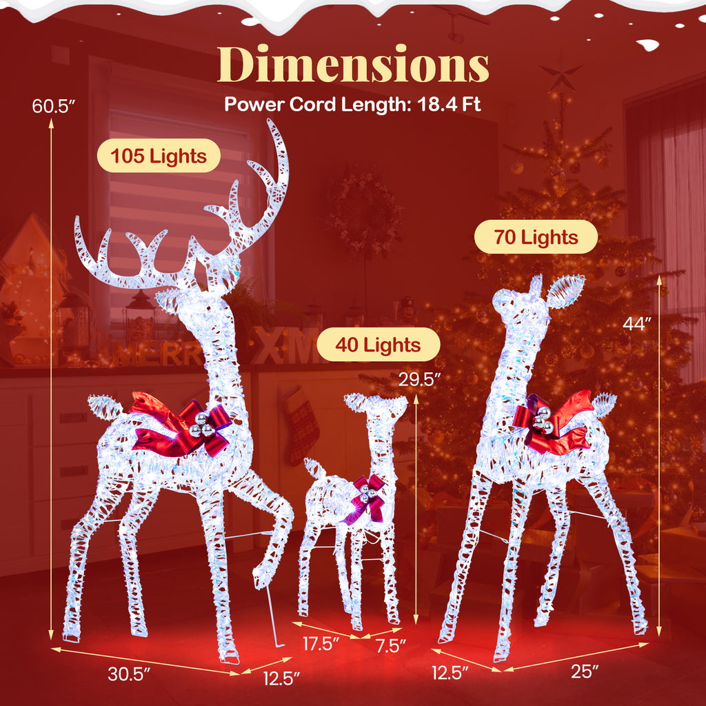 3-Piece Lighted Iridescent Reindeer Family Set with 215 White LEDs & Ground Stakes - Christmas Decor