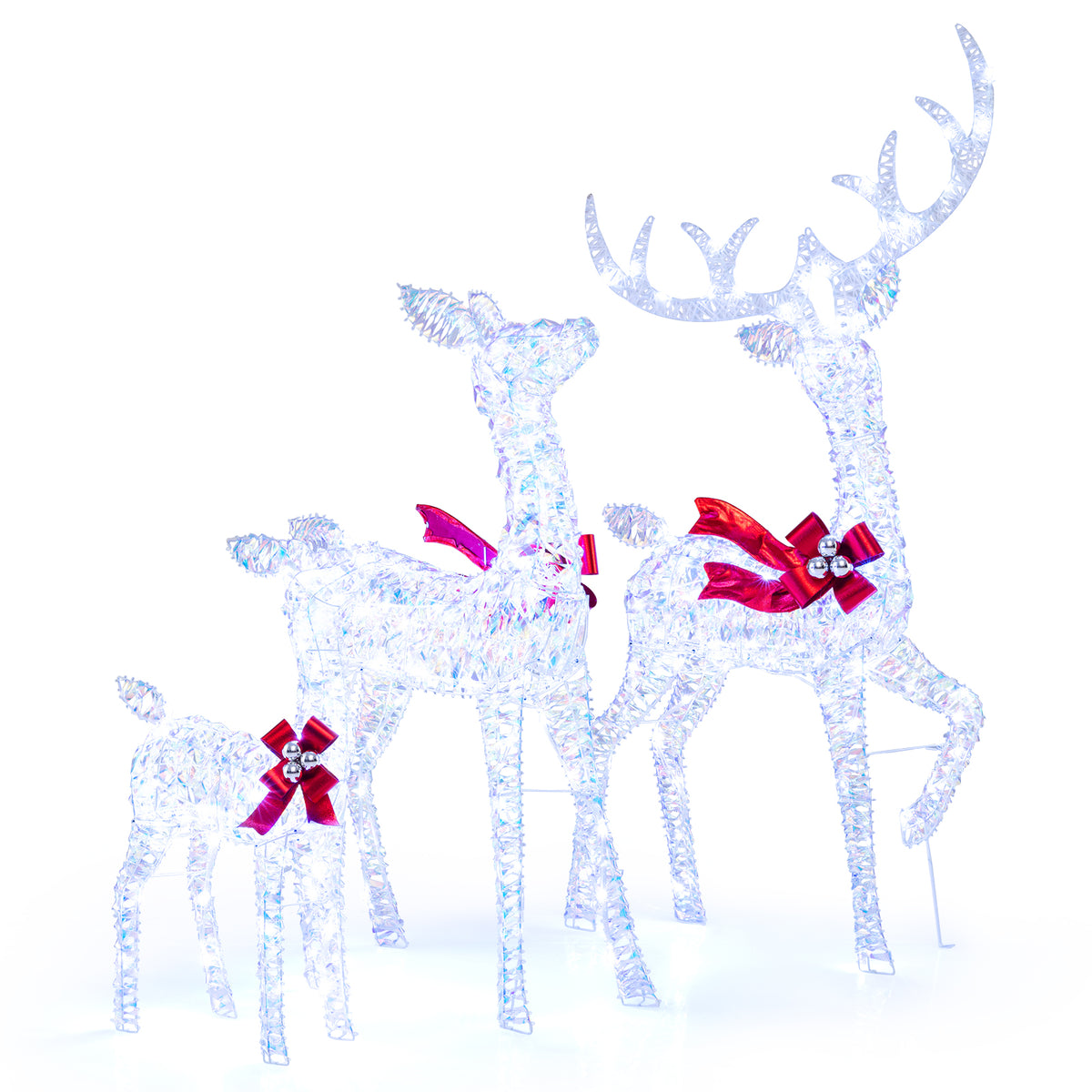 3-Piece Lighted Iridescent Reindeer Family Set with 215 White LEDs & Ground Stakes - Christmas Decor
