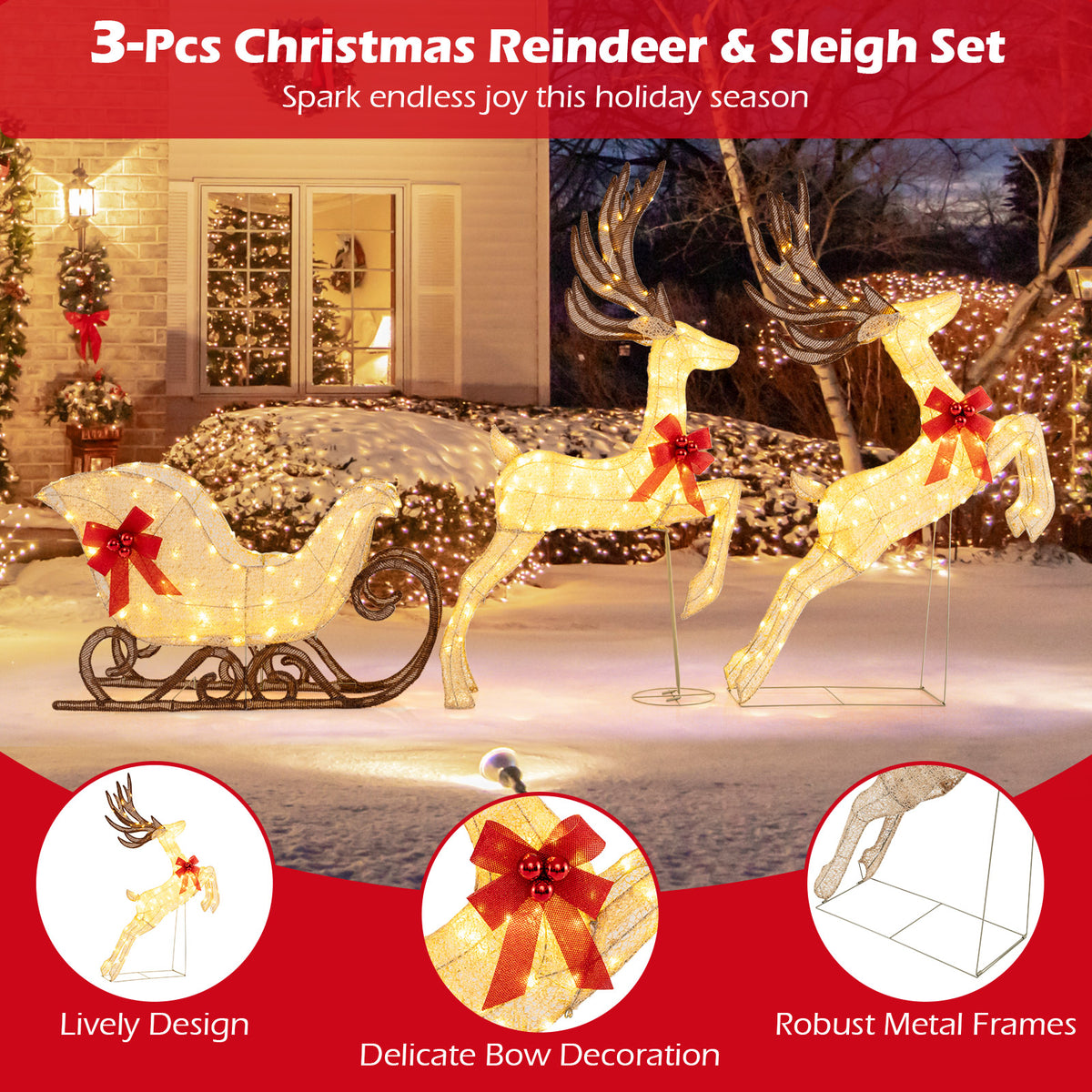 3-Piece Lighted Reindeer and Sleigh Christmas Yard Decor - Yellow Variation