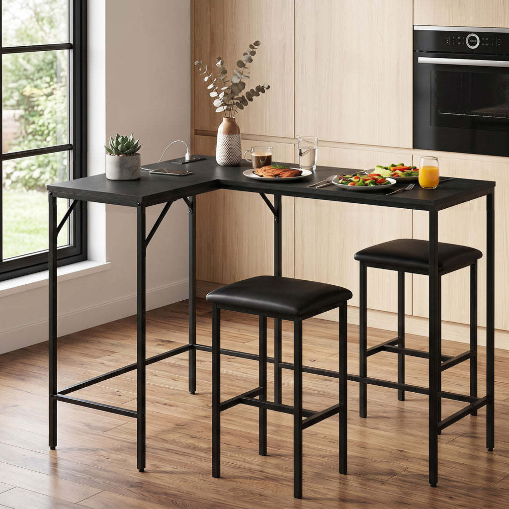 3-Piece L-Shaped Kitchen Dining Set with Charging Ports - Black