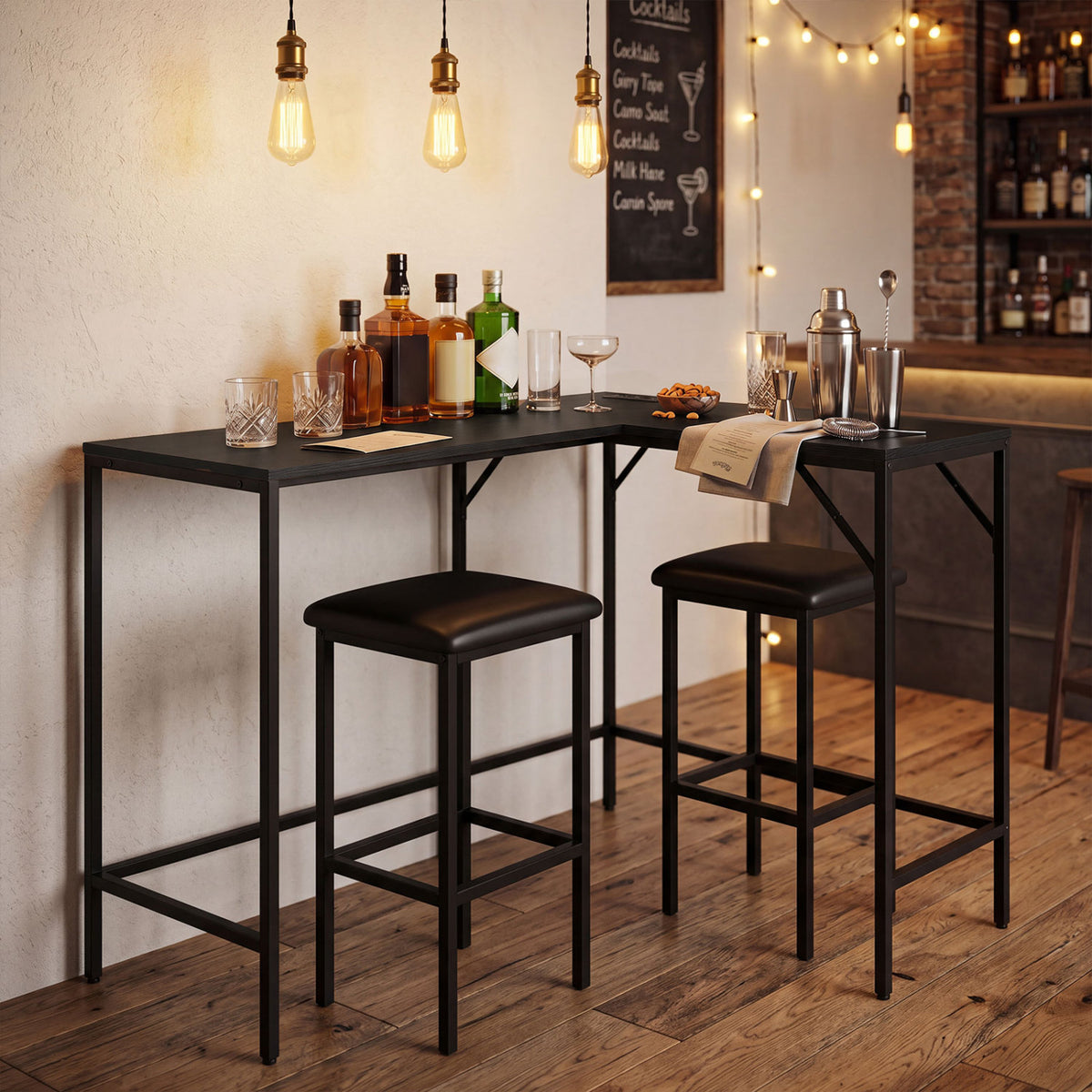 3-Piece L-Shaped Kitchen Dining Set with Charging Ports - Black