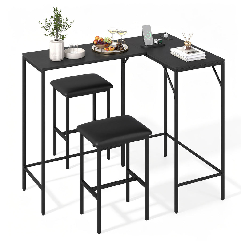 3-Piece L-Shaped Kitchen Dining Set with Charging Station - Black