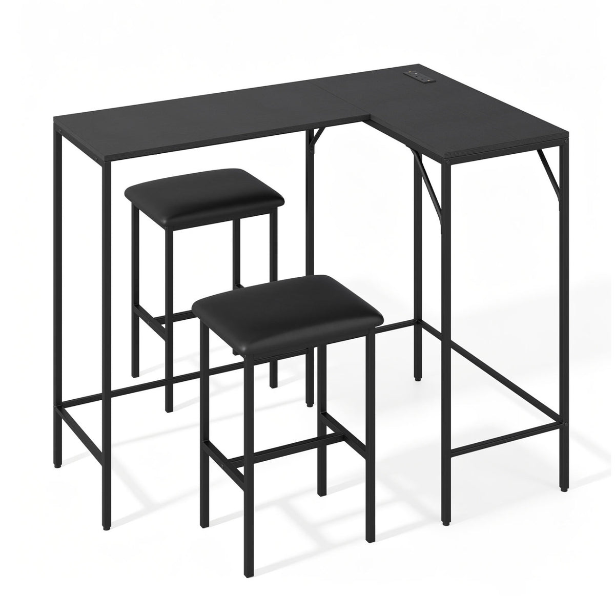 3-Piece L-Shaped Kitchen Dining Set with Charging Ports - Black