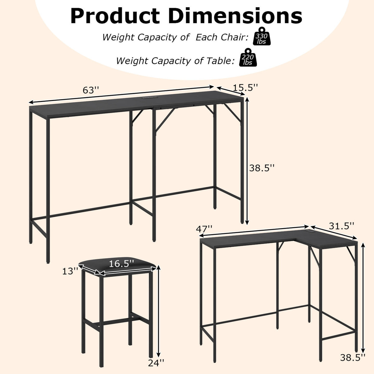 3-Piece L-Shaped Kitchen Dining Set with Charging Station - Black