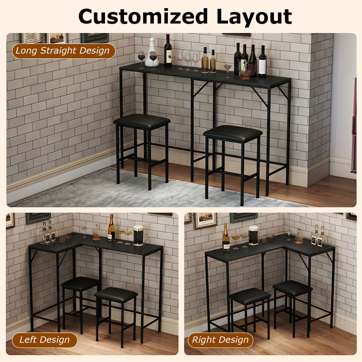 3-Piece L-Shaped Kitchen Dining Set with Charging Station - Black