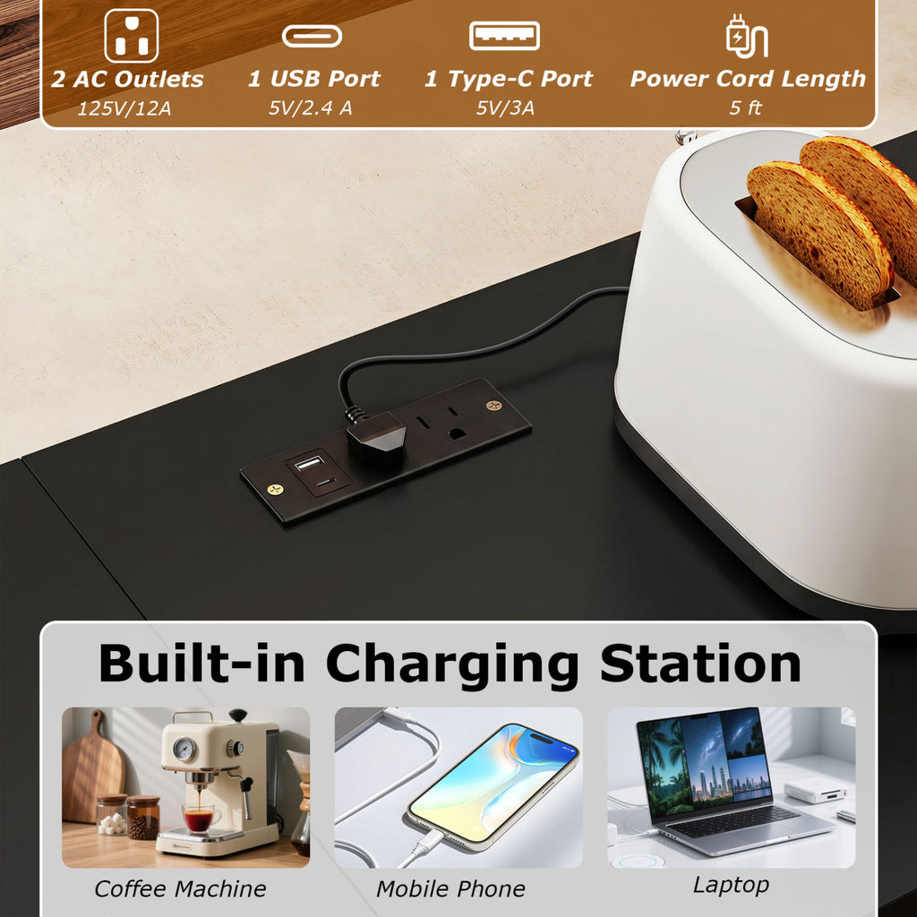 3-Piece L-Shaped Kitchen Dining Set with Charging Ports - Black