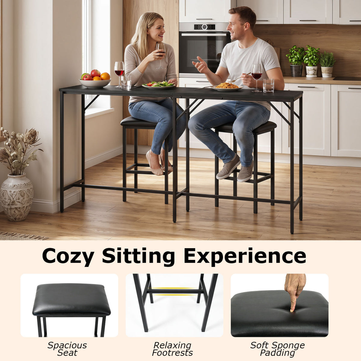 3-Piece L-Shaped Kitchen Dining Set with Charging Ports - Black