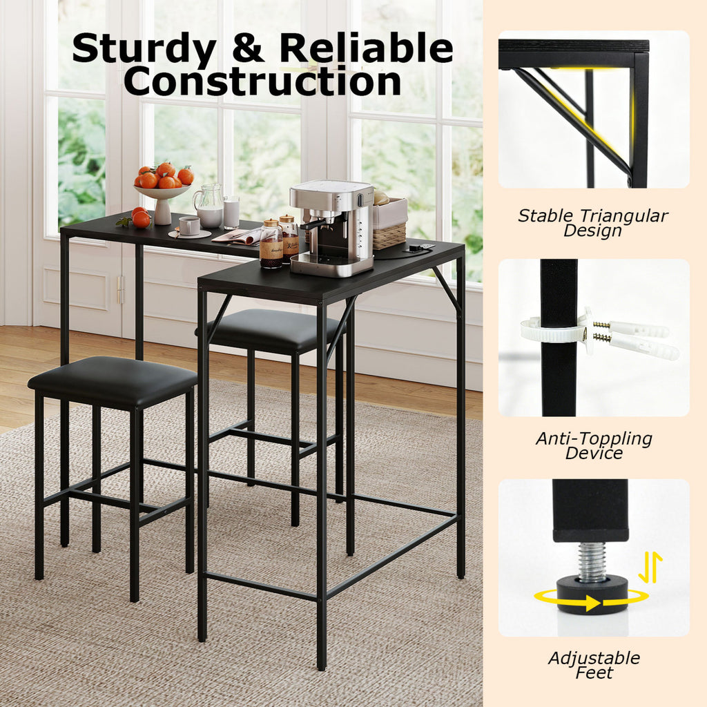 3-Piece L-Shaped Kitchen Dining Set with Charging Ports - Black