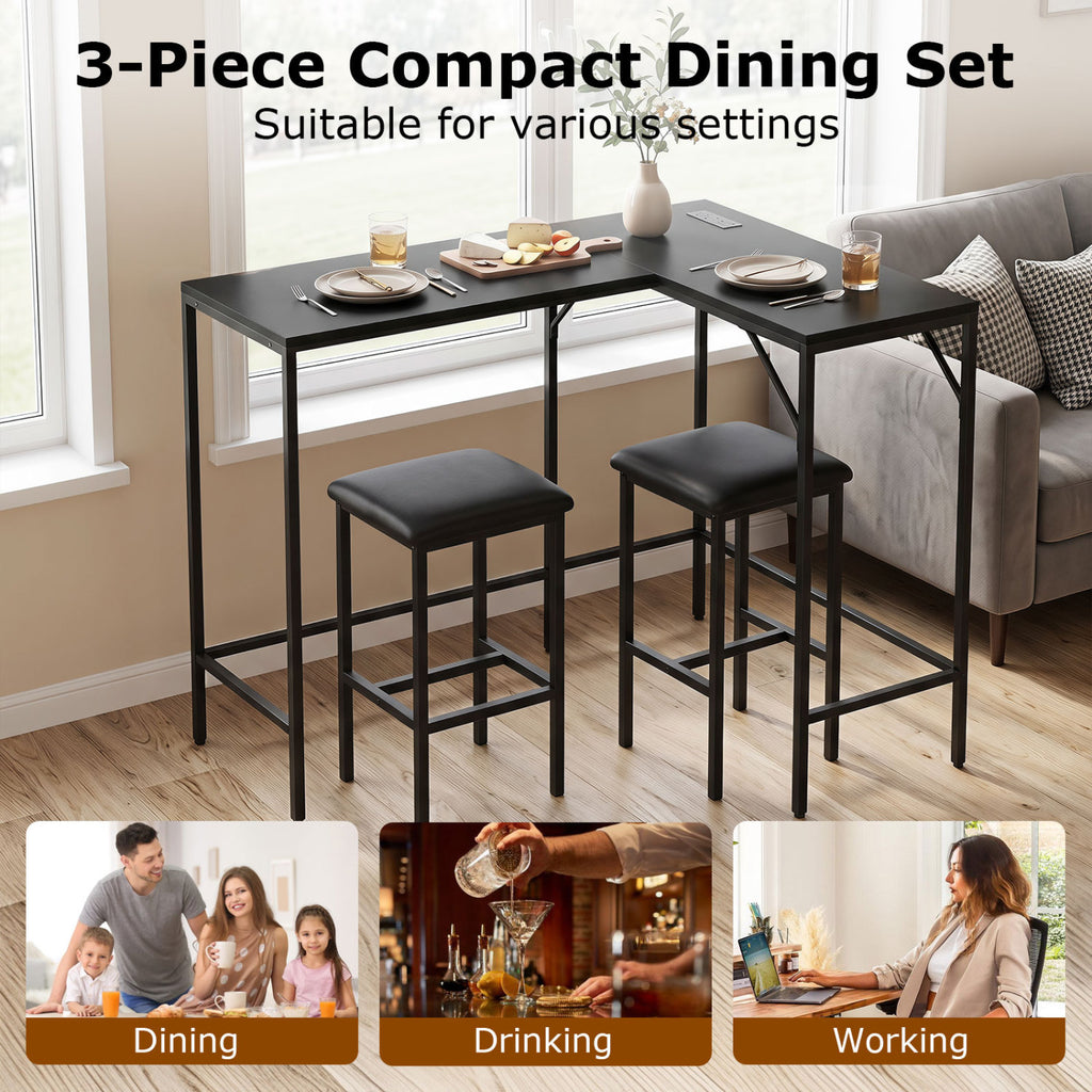 3-Piece L-Shaped Kitchen Dining Set with Charging Ports - Black