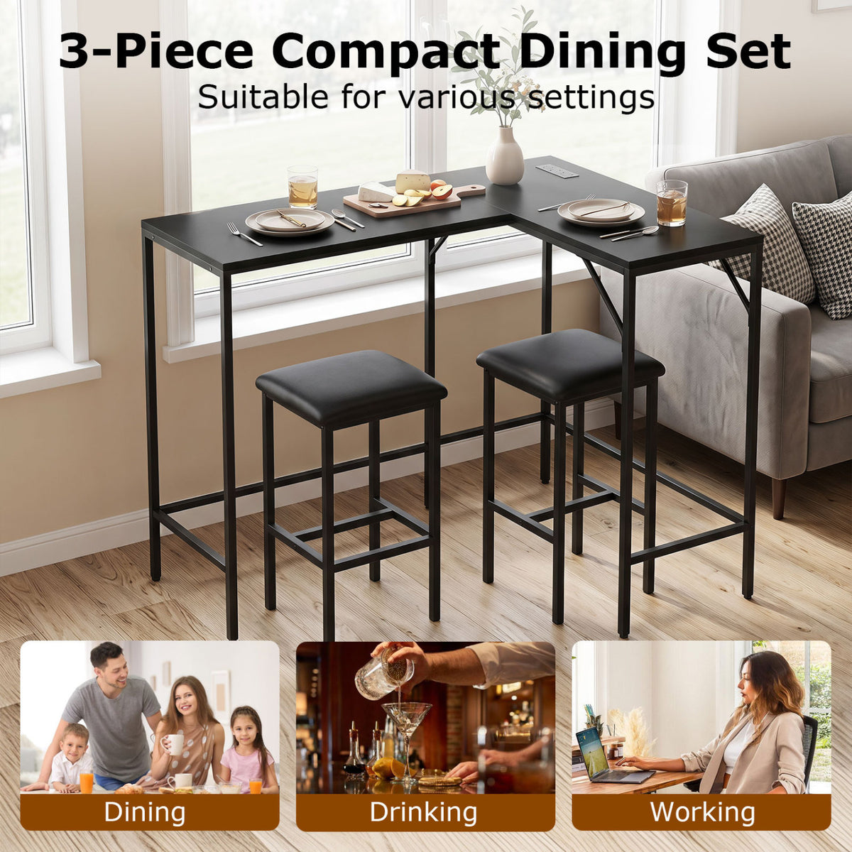 3-Piece L-Shaped Kitchen Dining Set with Charging Ports - Black