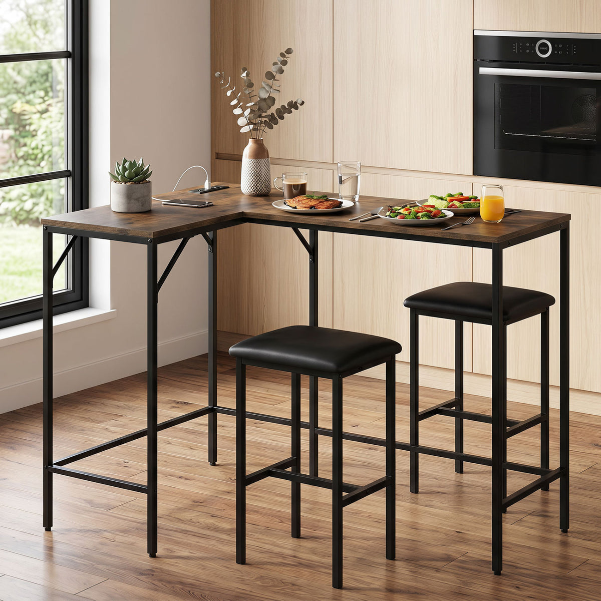 3-Piece L-Shaped Kitchen Dining Set with Charging Station - Black