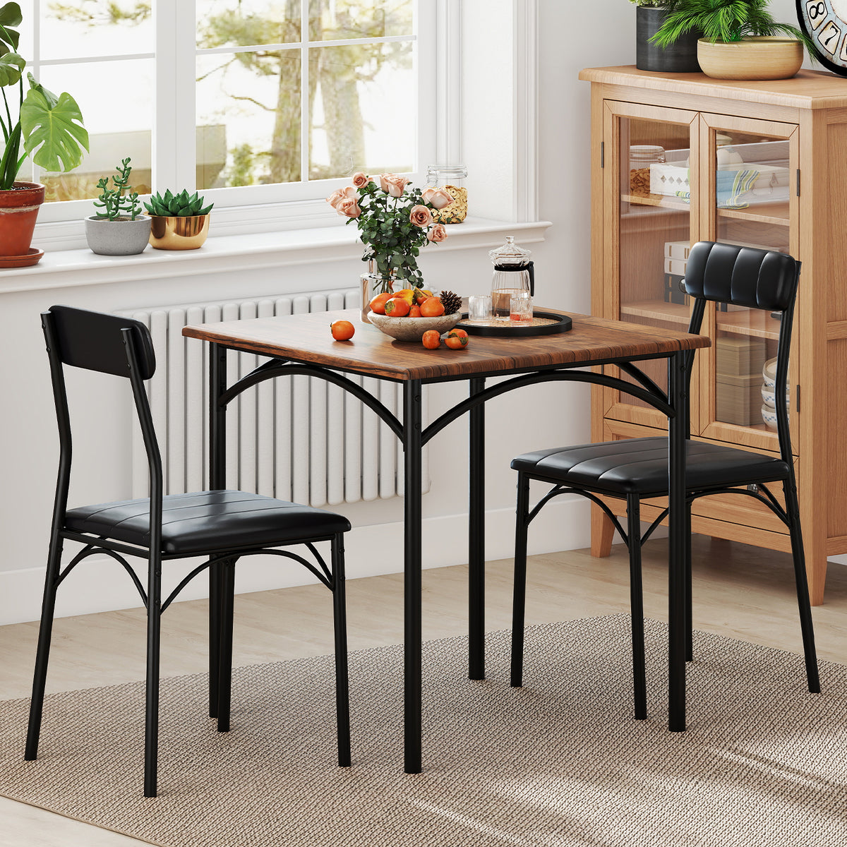 3-Piece Dining Table Set with 2 Padded Chairs - Rustic Brown