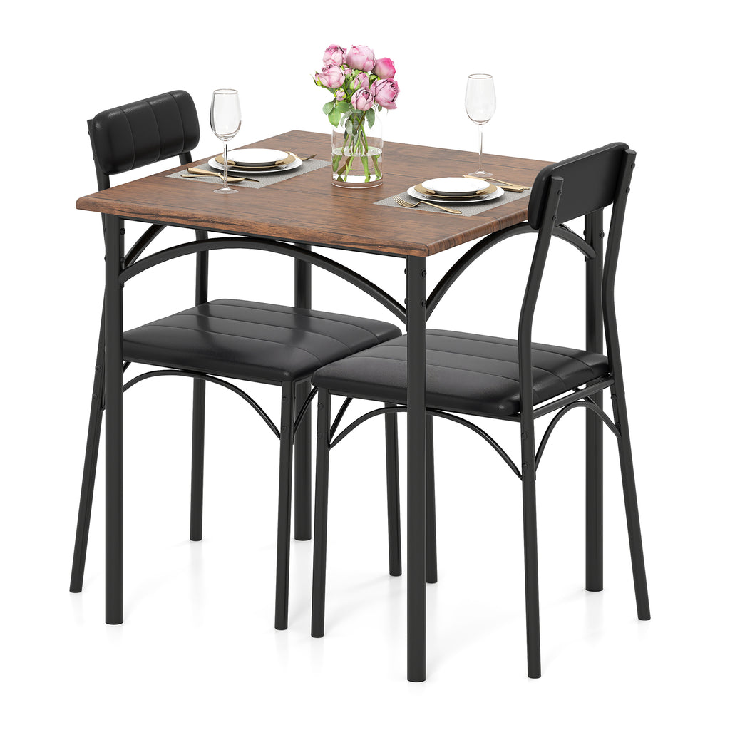 3-Piece Dining Table Set with Square Table & 2 Padded Chairs - Rustic Brown