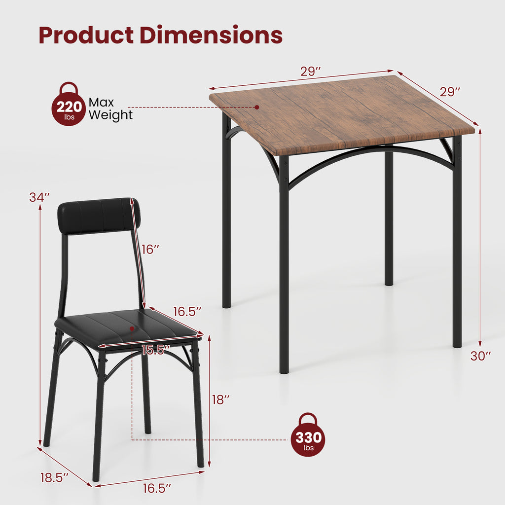 3-Piece Dining Table Set with 2 Padded Chairs - Rustic Brown