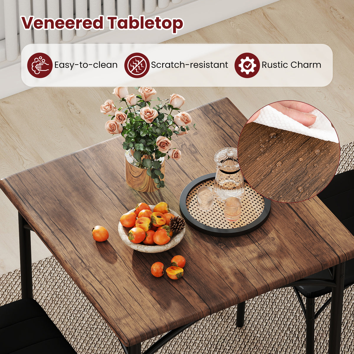 3-Piece Dining Table Set with 2 Padded Chairs - Rustic Brown