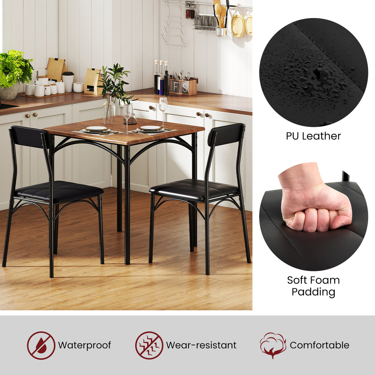 3-Piece Dining Table Set with Square Table & 2 Padded Chairs - Rustic Brown