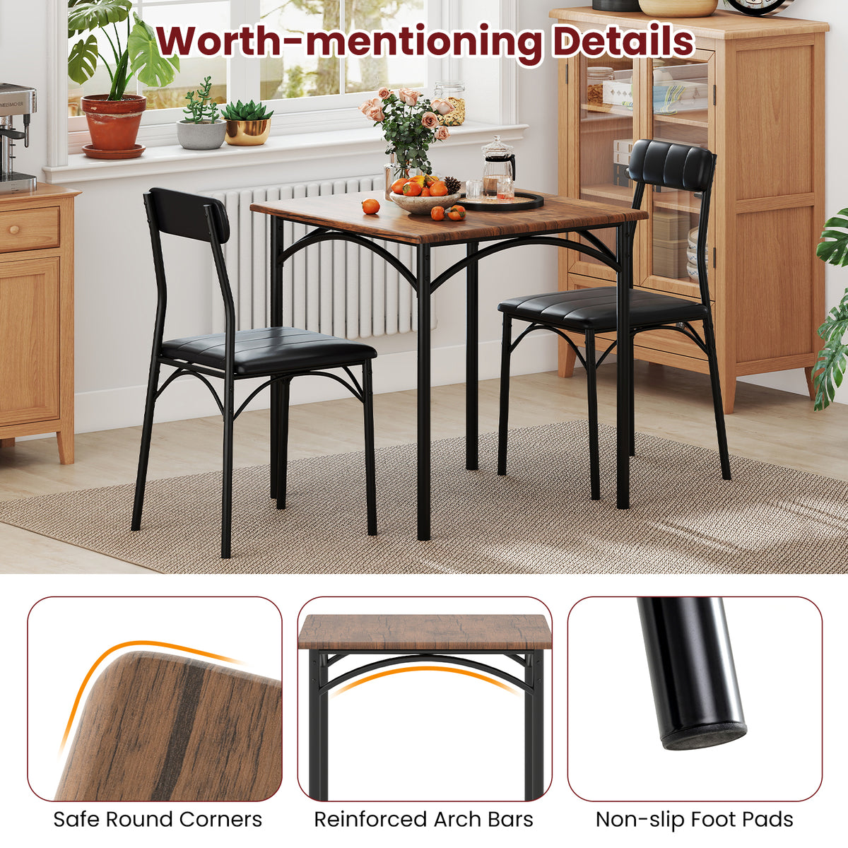 3-Piece Dining Table Set with 2 Padded Chairs - Rustic Brown