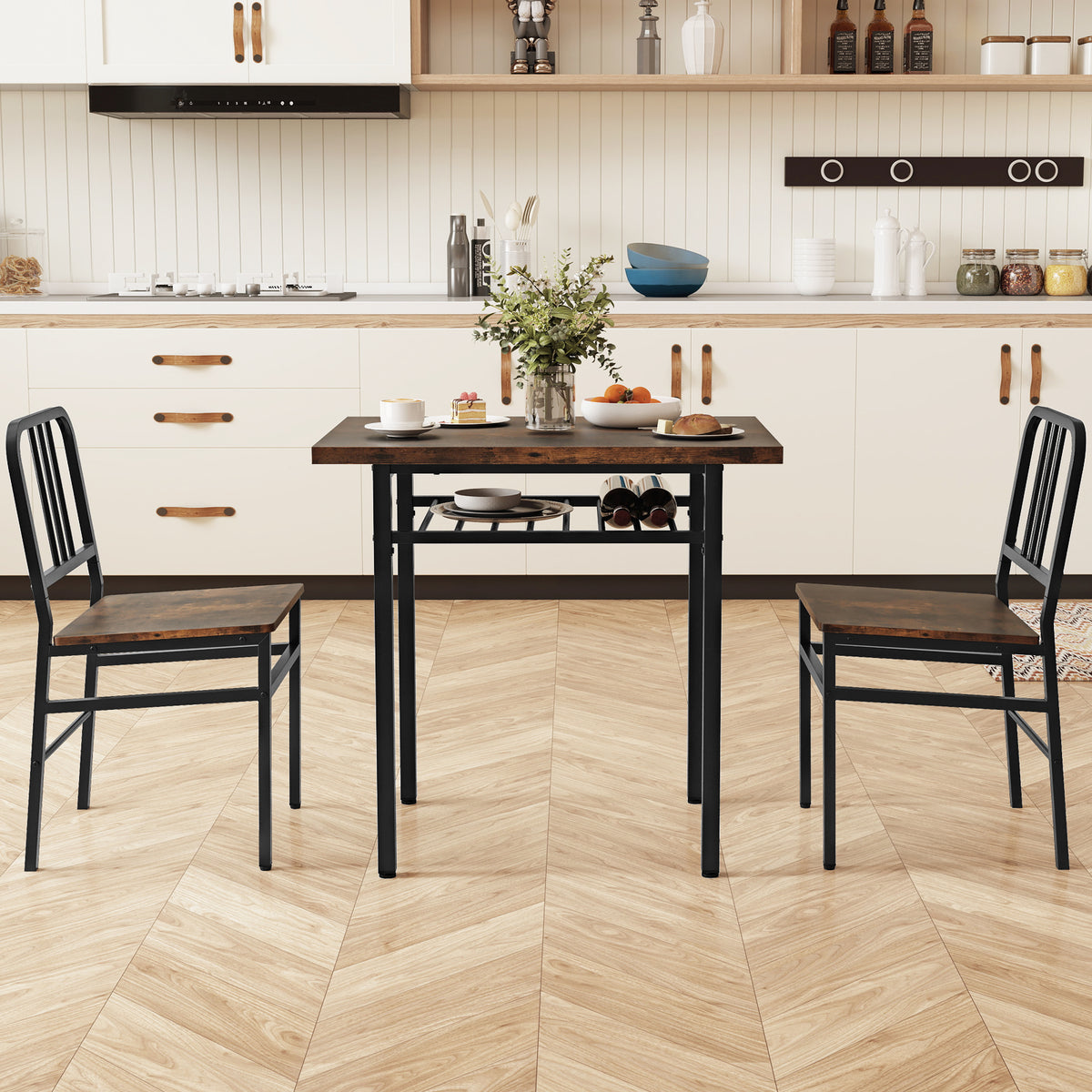3-Piece Dining Table Set with 2 Chairs - Rustic Brown