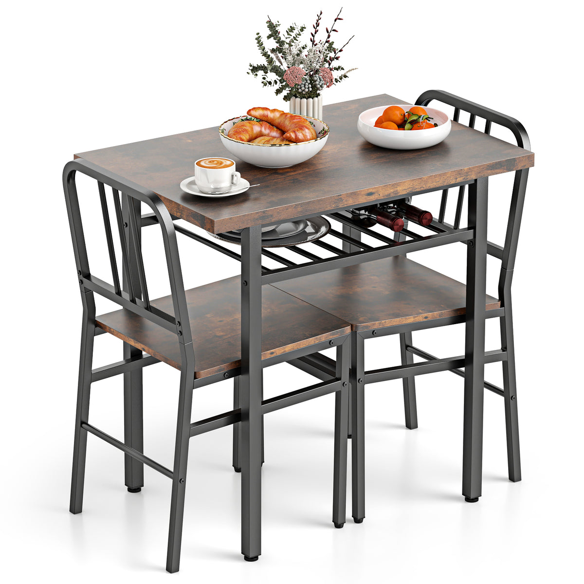 3-Piece Dining Table Set with 2 Chairs - Rustic Brown