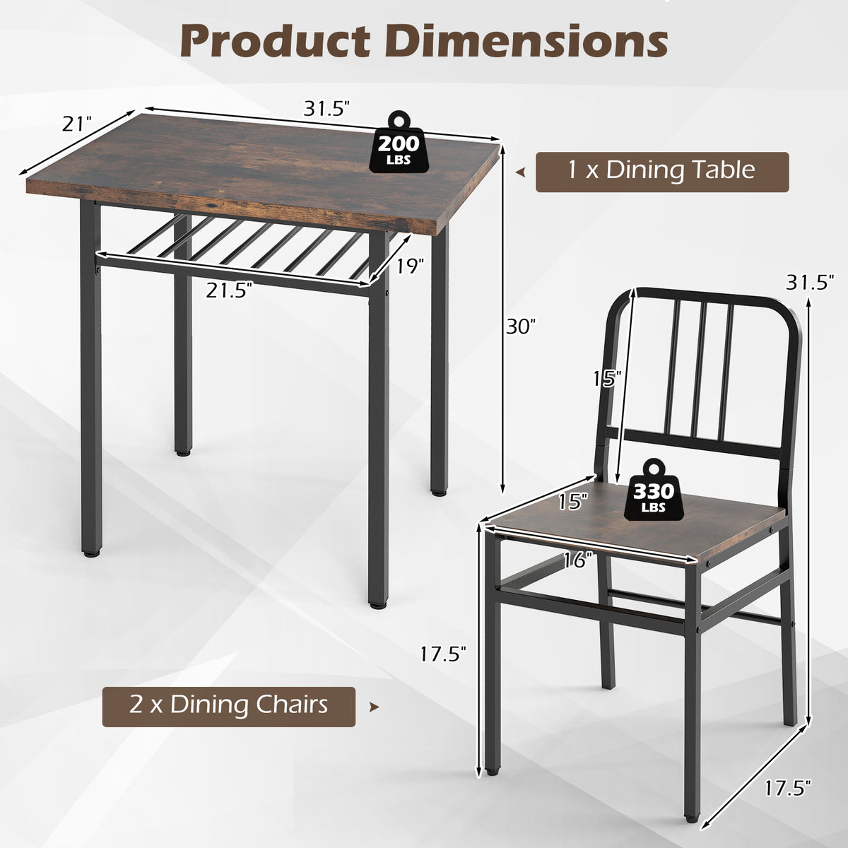 3-Piece Dining Table Set with 2 Chairs - Rustic Brown