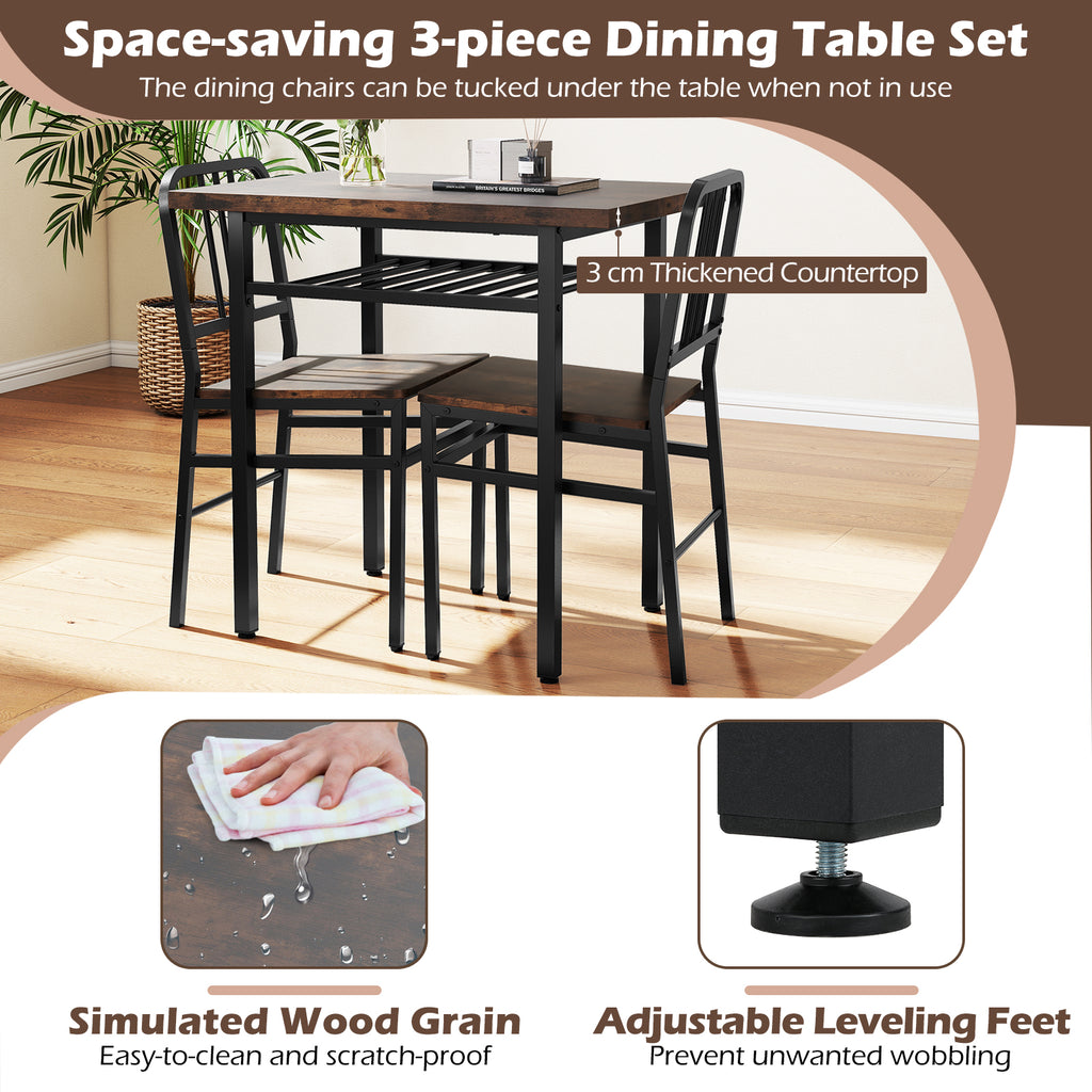 3-Piece Dining Table Set with 2 Chairs - Rustic Brown
