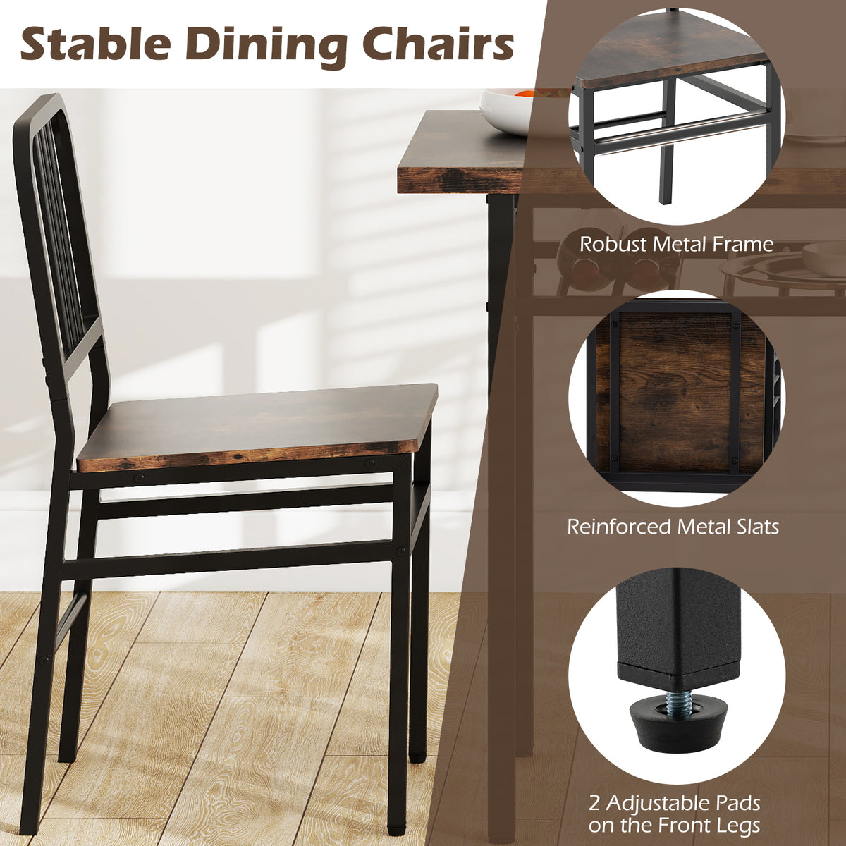 3-Piece Dining Table Set with 2 Chairs - Rustic Brown