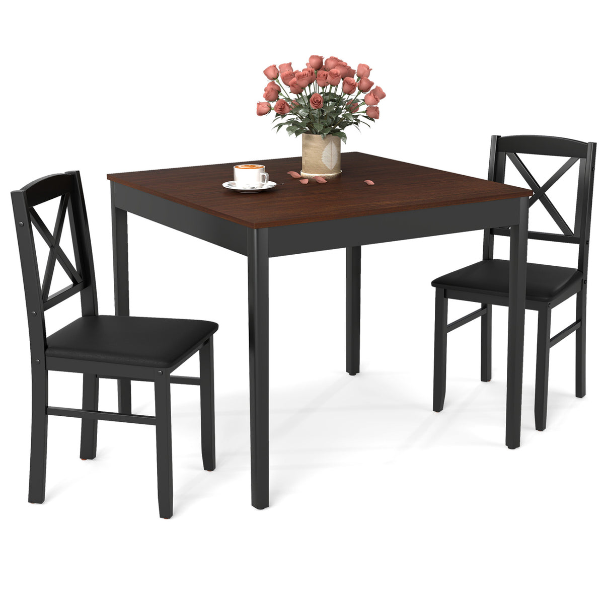 3-Piece Dining Table Set with Square Table, Brown