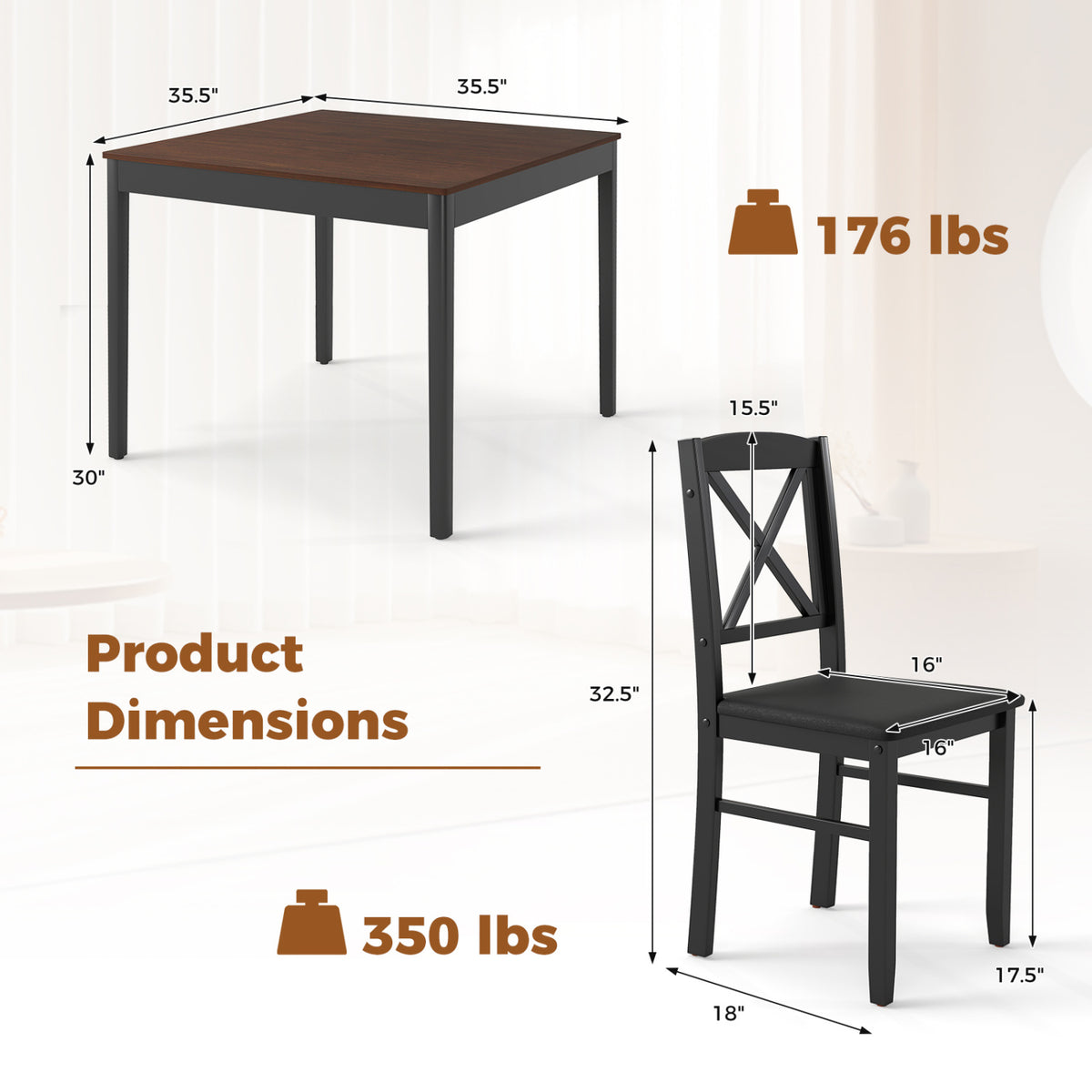 3-Piece Dining Table Set with Square Table, Brown