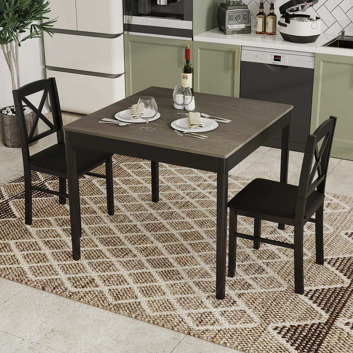 3-Piece Dining Table Set with Square Table, Gray