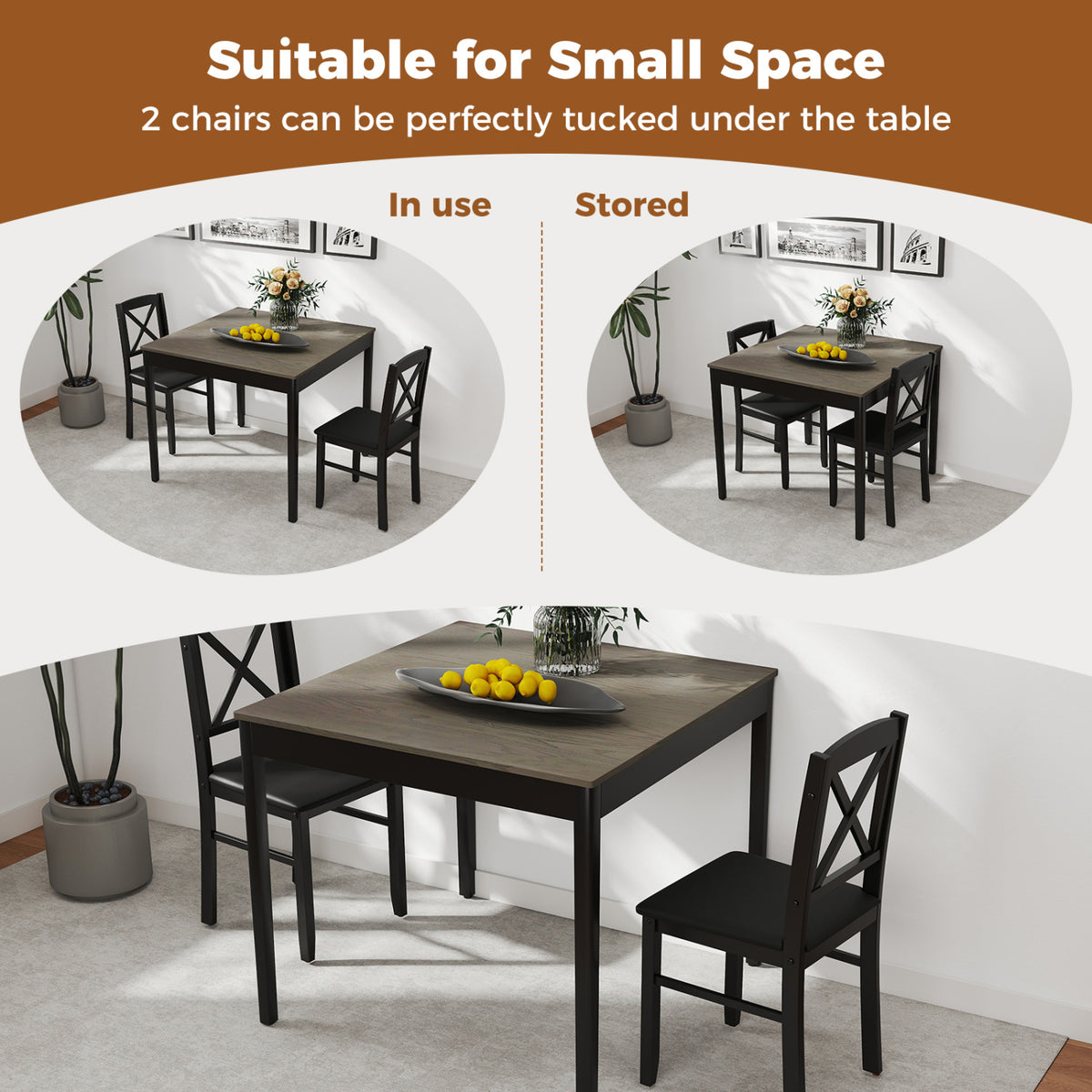 3-Piece Dining Table Set with Square Table, Gray