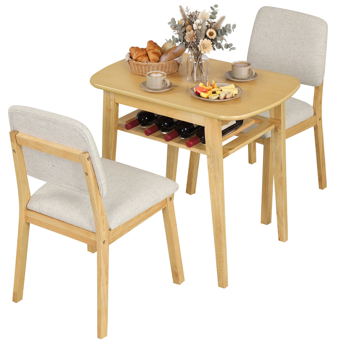 3-Piece Dining Table Set for 2 with Upholstered Chairs - Natural