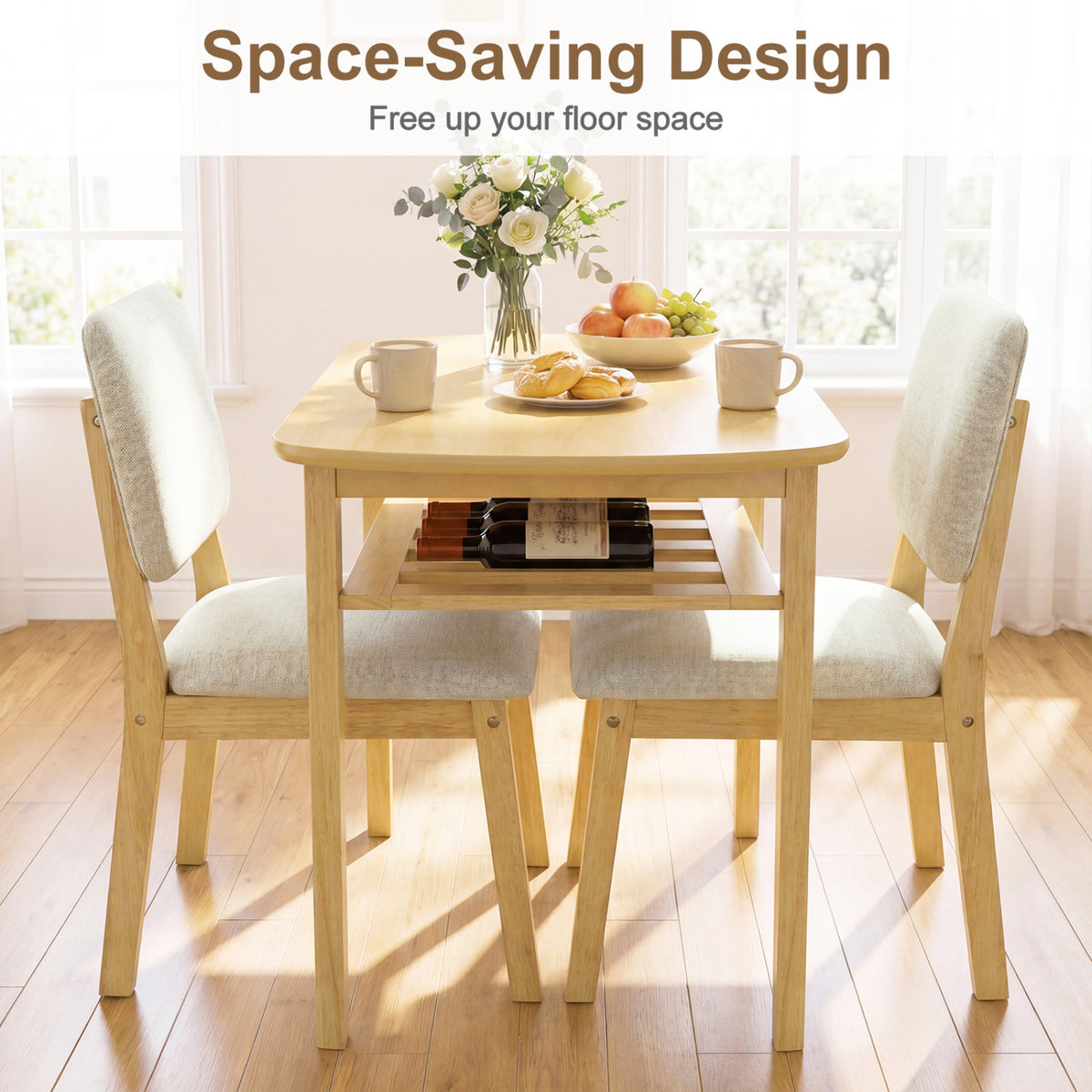 3-Piece Dining Table Set for 2 with Upholstered Chairs - Natural