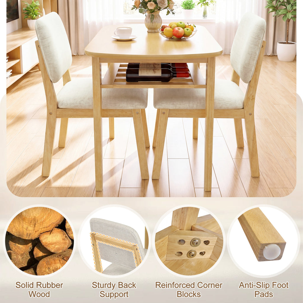 3-Piece Dining Table Set for 2 with Upholstered Chairs - Natural