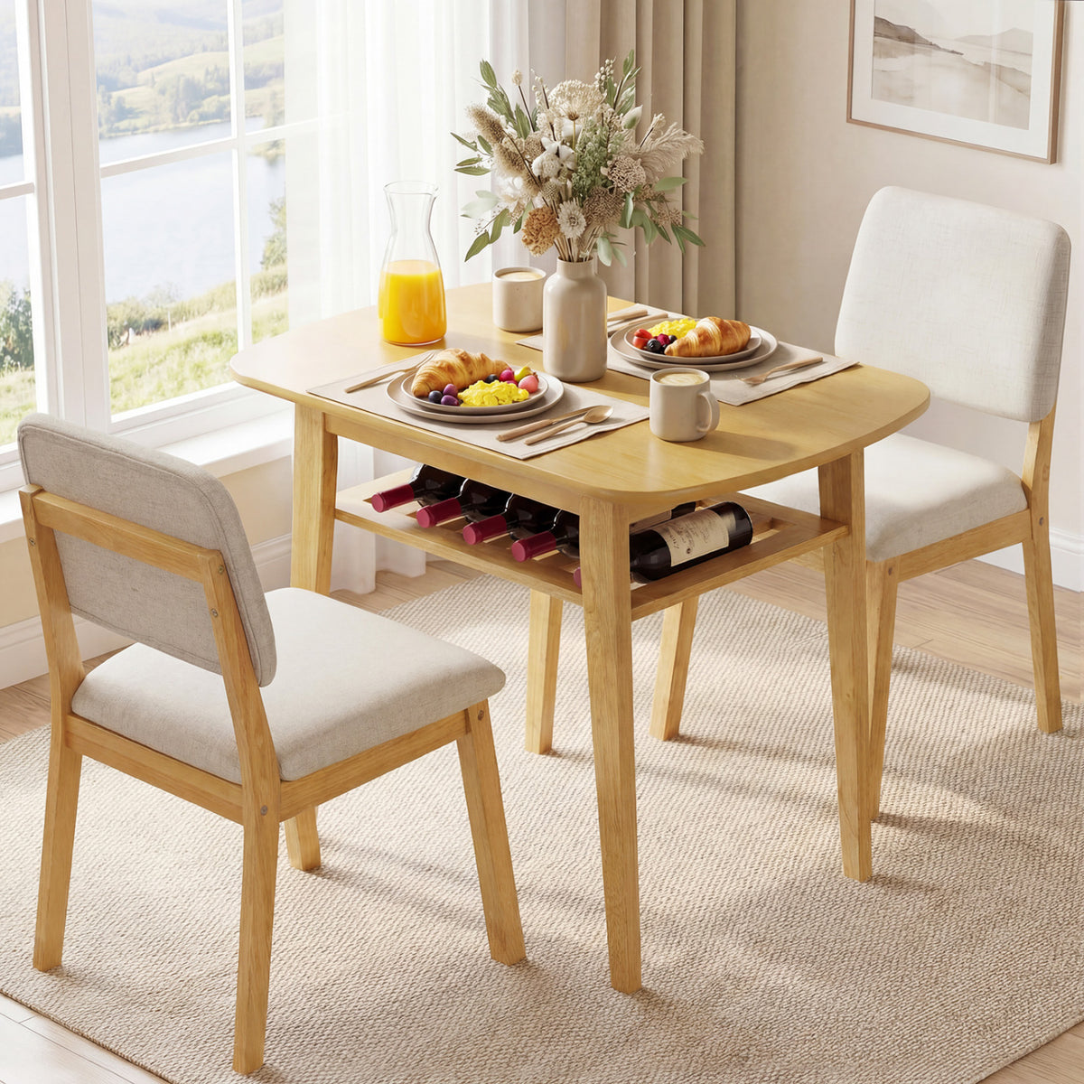 3-Piece Dining Table Set for 2 with Upholstered Chairs - Natural