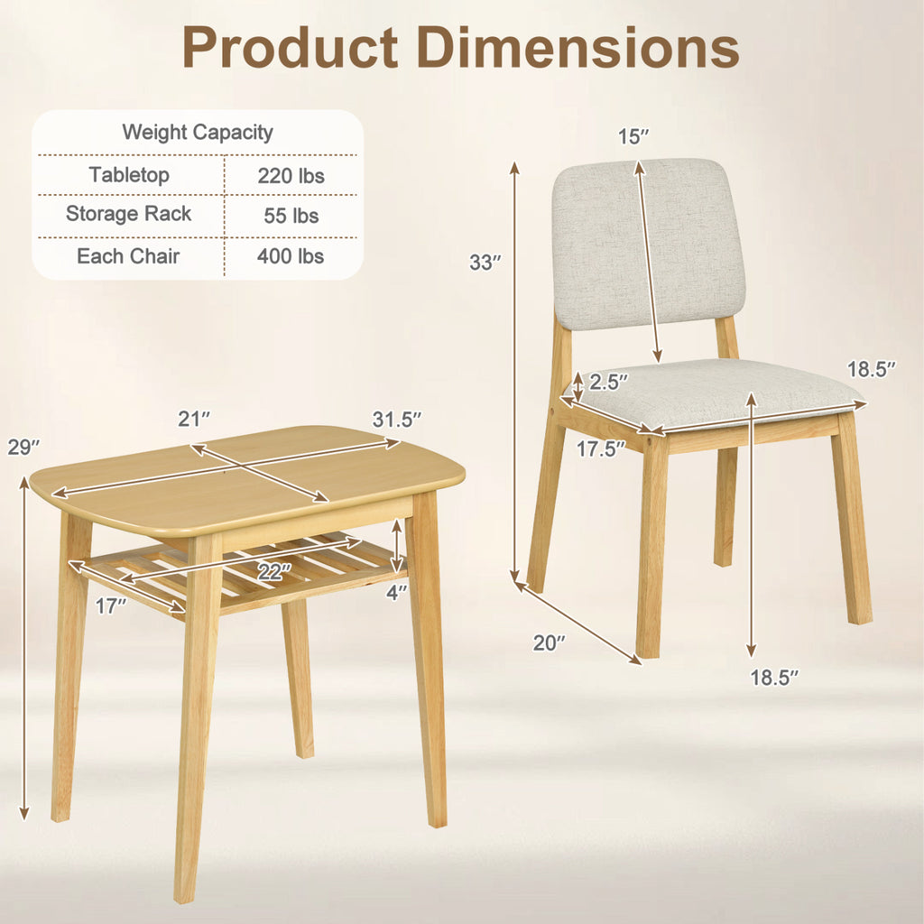 3-Piece Dining Table Set for 2 with Upholstered Chairs - Natural