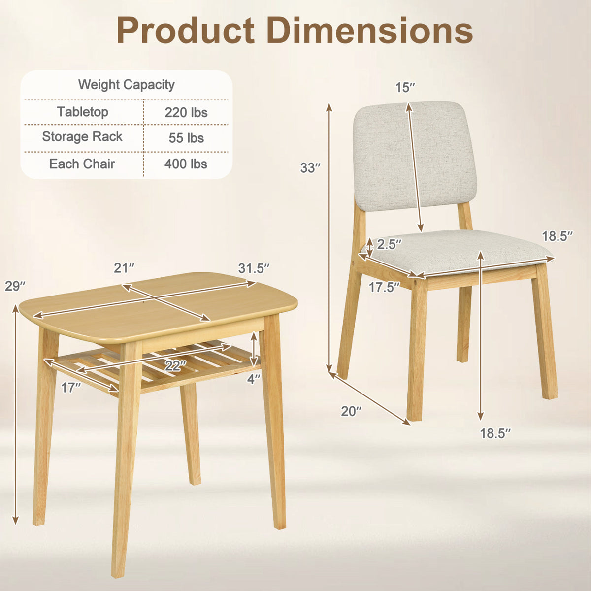 3-Piece Dining Table Set for 2 with Upholstered Chairs - Natural