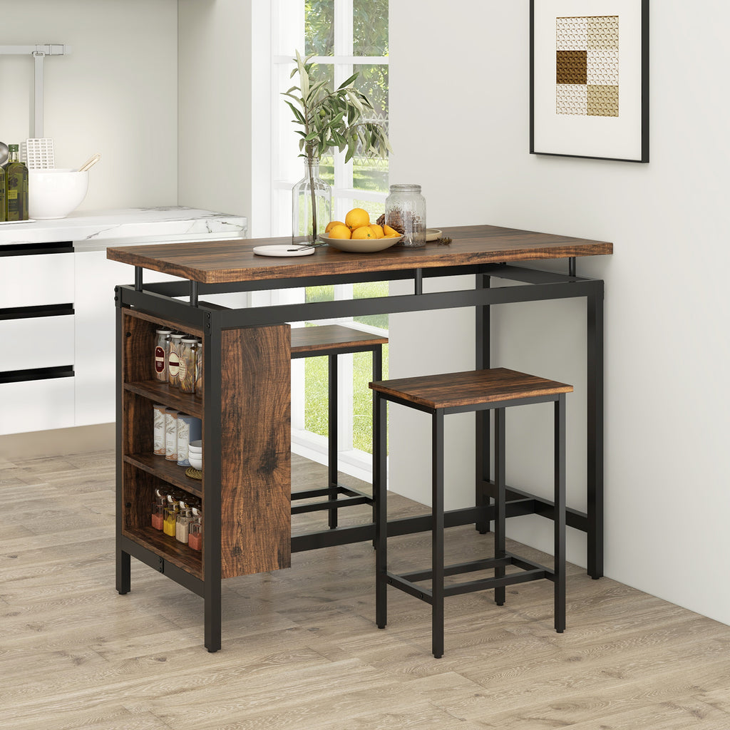 3-Piece Dining Table Set with Storage Shelves, Brown
