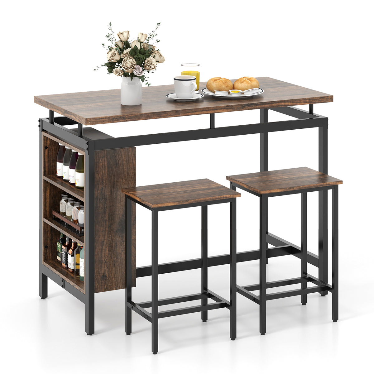 3-Piece Dining Table Set with Storage Shelves, Brown