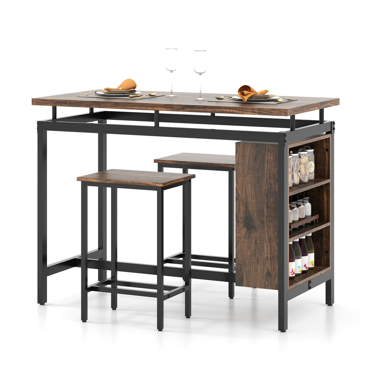 3-Piece Dining Table Set with Storage Shelves, Brown