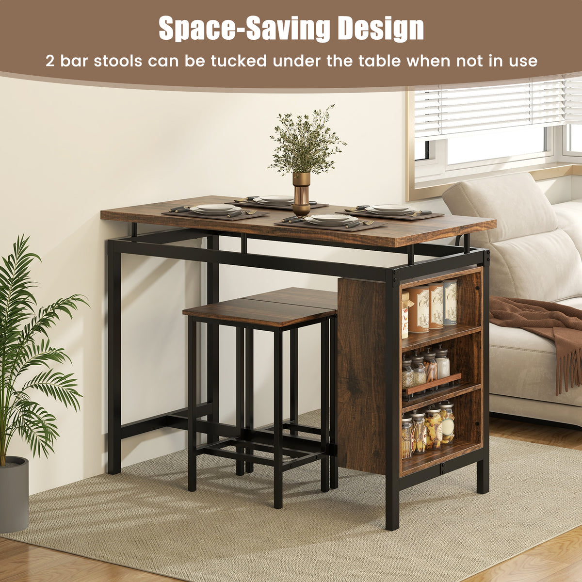 3-Piece Dining Table Set with Storage Shelves, Brown