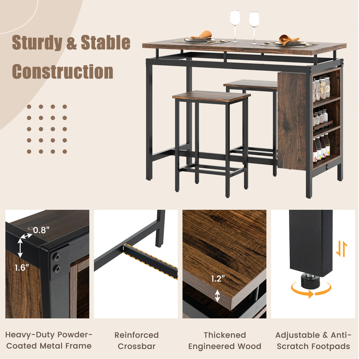 3-Piece Dining Table Set with Storage Shelves, Brown