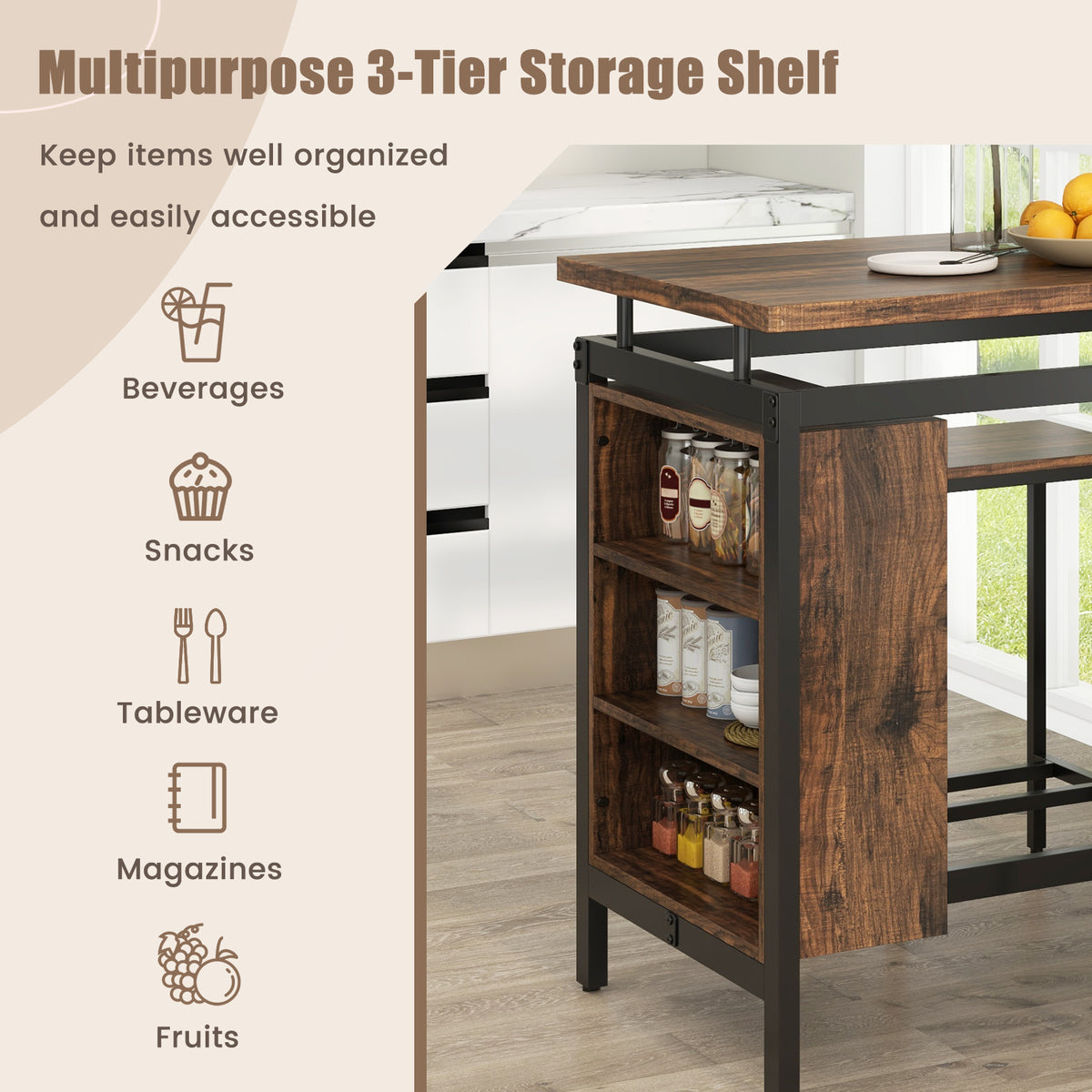 3-Piece Dining Table Set with Storage Shelves, Brown