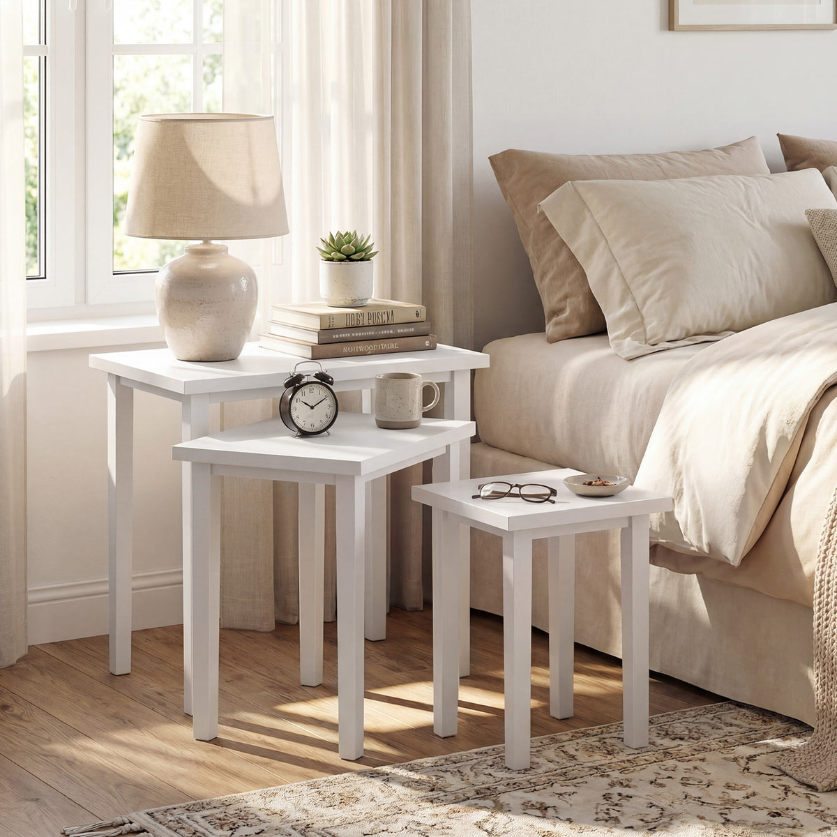 3-Piece Farmhouse Rectangle Side Table Set, White